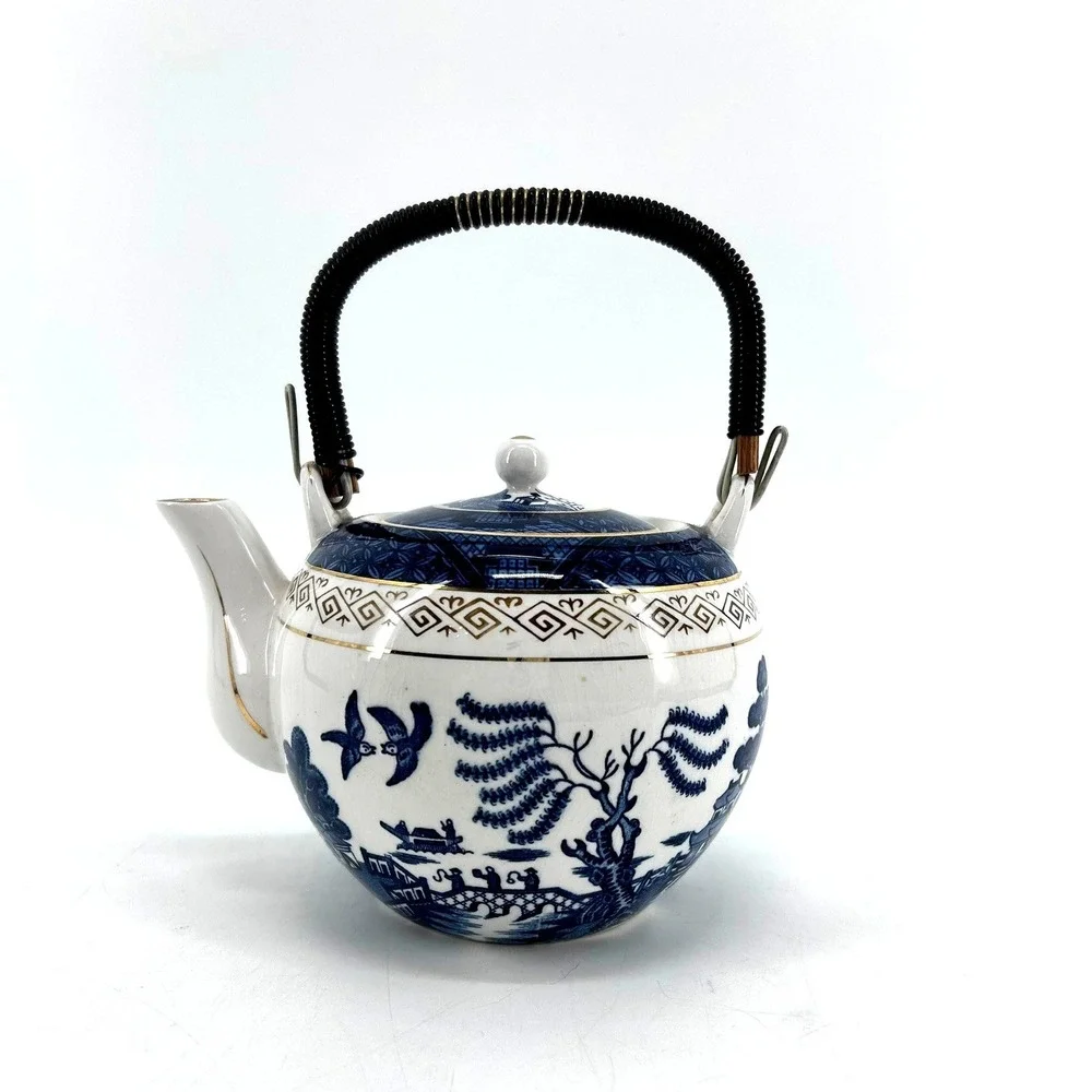 Nikko Double Phoenix Blue Willow Teapot Woven Handle Gold Trim Japan Vintage